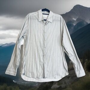 Prada Dress Shirt Mens 44 17.5 White And PastelStripe Stretch Logo Made In Italy